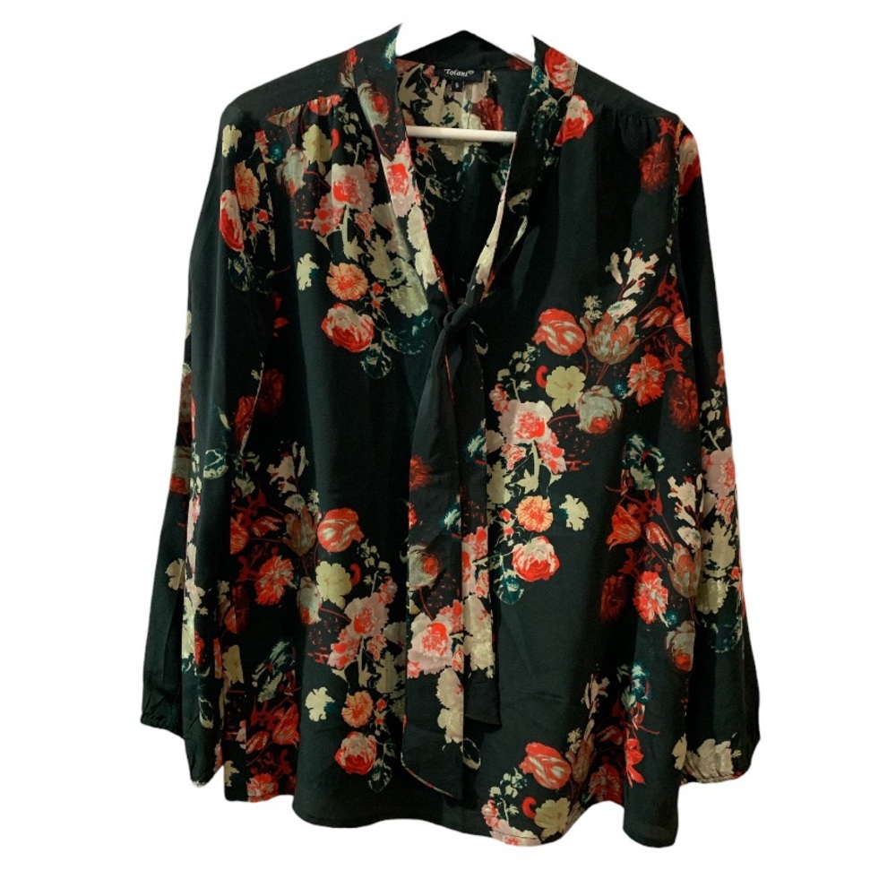 Tolani 100% Silk Floral Blouse Black Red Small Bow Tie Open Neck Coastal Office